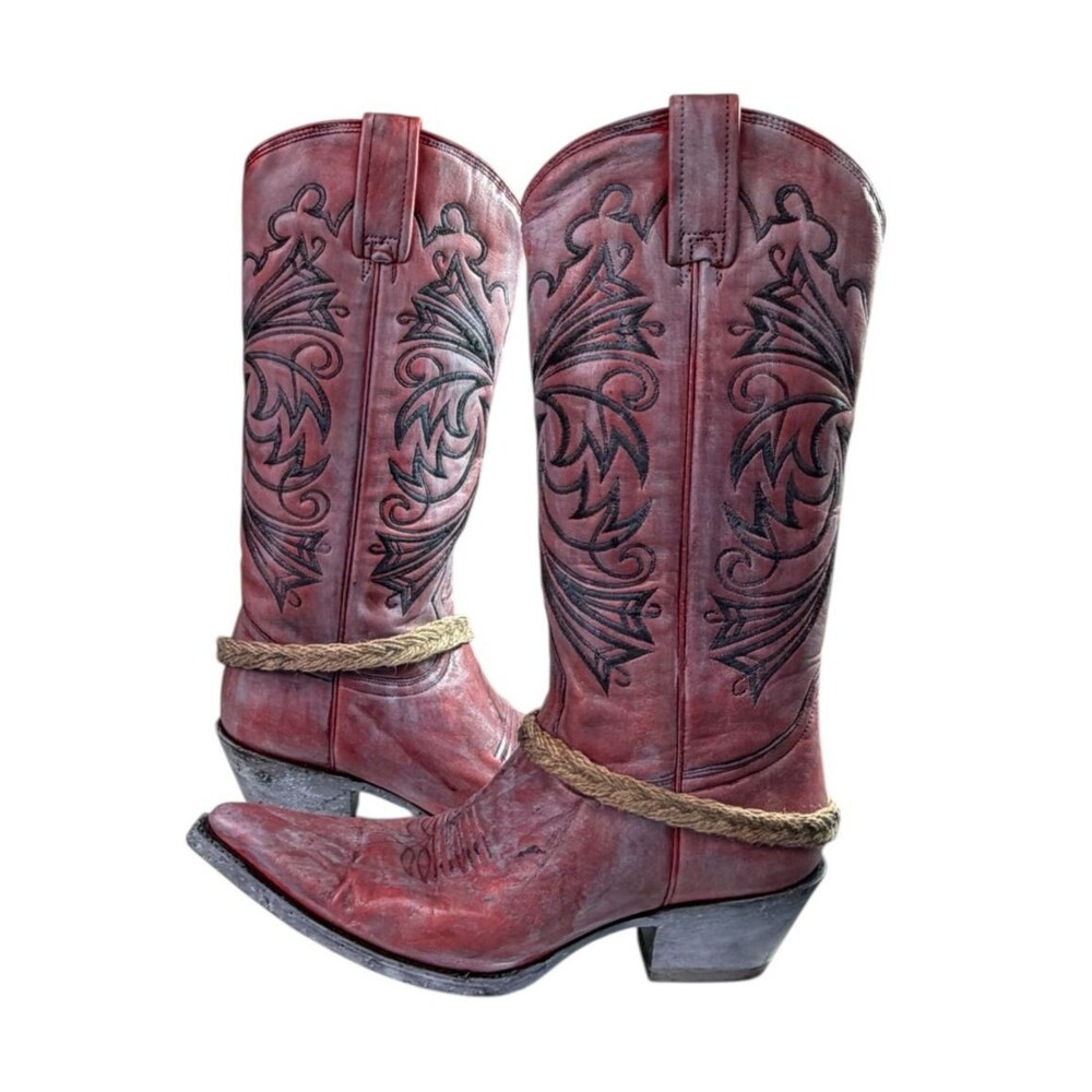 Lane Fine Boots Cowboy Boots Red Leather Embroidered with Wash $350 Size 7EE